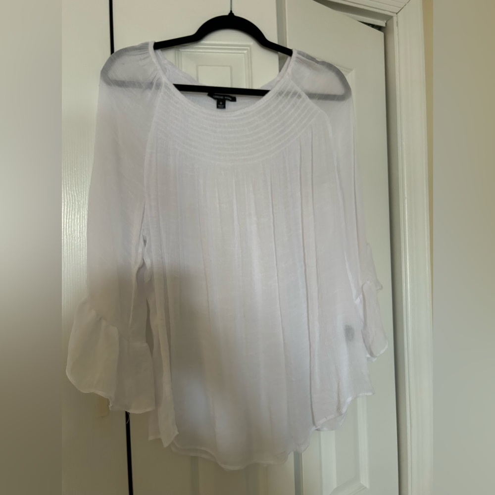 White Swim Coverup with Scoop Neck 3/4 Bell Sleeves and Ruffled Details
